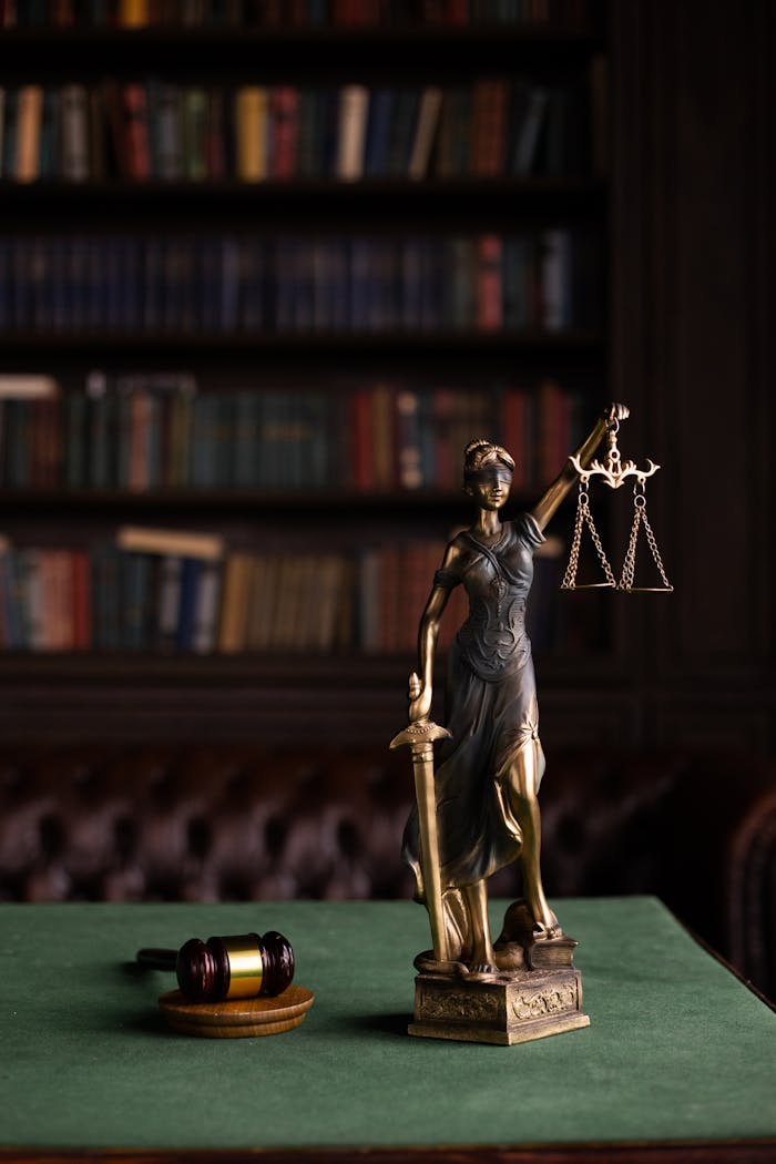gallery-3 Lady Justice and gavel on a table in a classic law library setting.